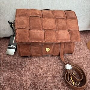 NWT VIOLA CASTELLANI Bruciato Brown Suede Padded Woven Crossbody Made In Italy